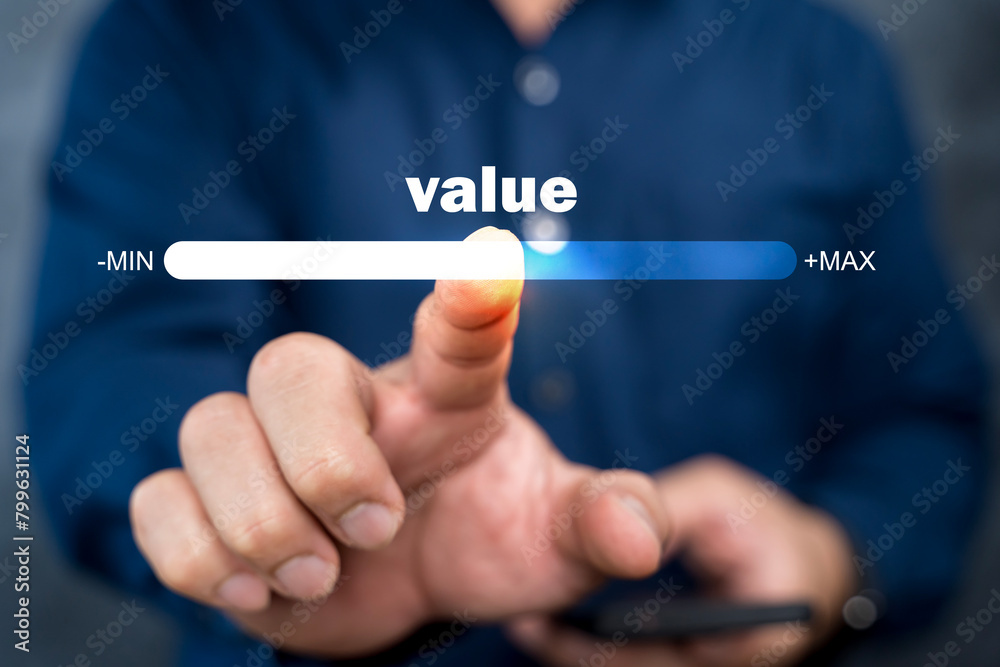 Businessman touching progress bar of business growth value. Businessman touching progress bar of business growth value.