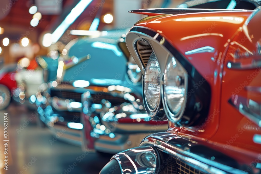 A classic car showroom filled with vintage automobiles, polished to perfection and surrounded by nostalgia, Generative AI