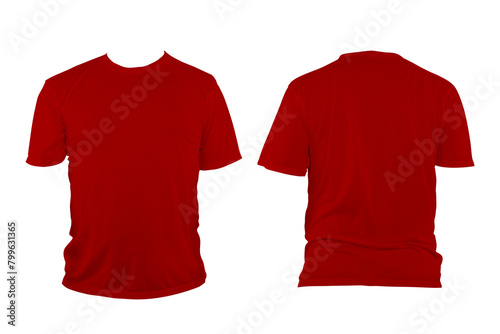 Red t-shirt with round neck, collarless and sleeves.