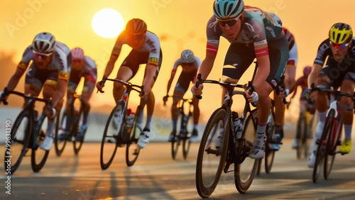 A tight pack of cyclists in colorful jerseys crouch low over their bicycles, pedaling intensely as they race along a road at sunset.  photo