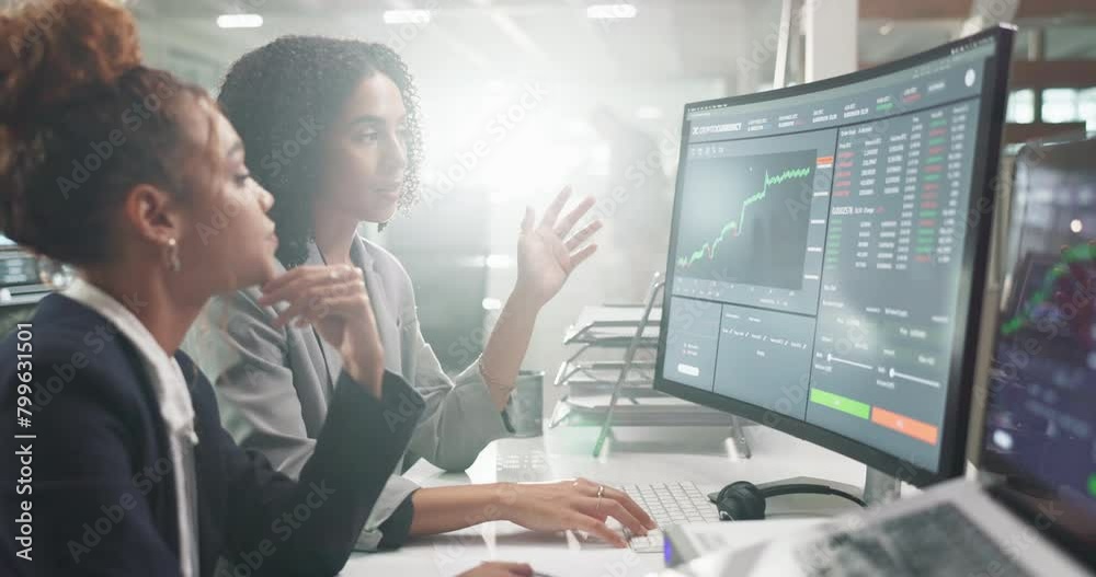 Women, computer screen and stock market with dashboard for discussion, collaboration and investment stats online. Analyst for data analysis, information and numbers with graph and trading team review