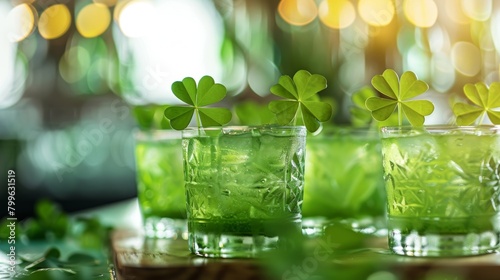 A display of Irishinspired mocktails adorned with clovershaped garnishes and vibrant green hues.