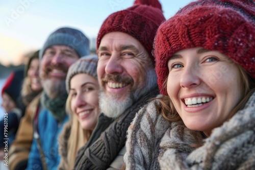 Group of happy friends having fun outdoors in winter, laughing and looking at camera