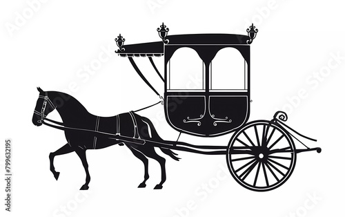 Horse carriage silhouette with side view, on isolated white background. vector illustration.