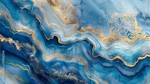 Fluid abstract pattern with marble blue, white, and gold colors, suitable for luxurious background design.