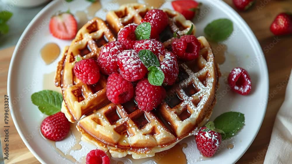 Nutritious breakfast food. top down shot of best looking waffles in a plain white plate. Elegant topping with a combination of fresh fruit such as strawberries, blueberries and raspberries. 4k Videos Nutritious breakfast food. top down shot of best looking waffles in a plain white plate. Elegant topping with a combination of fresh fruit such as strawberries, blueberries and raspberries. 4k Videos