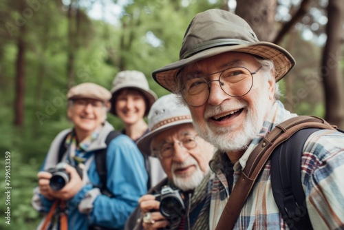 Group of senior tourists in the forest. Selective focus. nature.