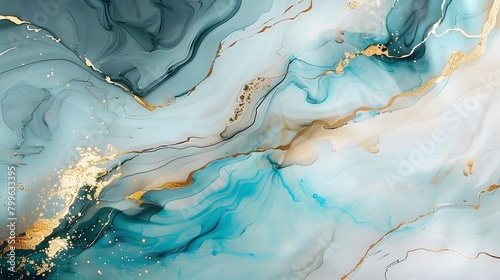 Fluid abstract pattern with marble blue, white, and gold colors, suitable for luxurious background design.