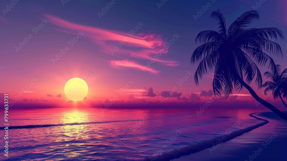 beautiful landscape of sea ocean with silhouette coconut palm tree at sunset or sunrise,  Summer days in beach