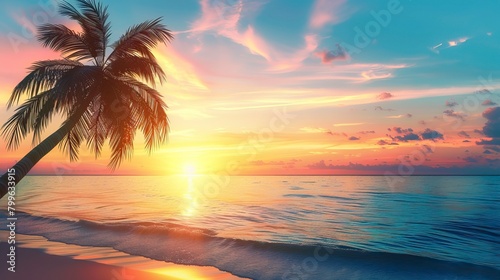 beautiful landscape of sea ocean with silhouette coconut palm tree at sunset or sunrise,  Summer days in beach © CREATIVE STOCK