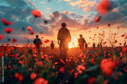 memorial day concept. A group of soldiers walking through a field of red poppies