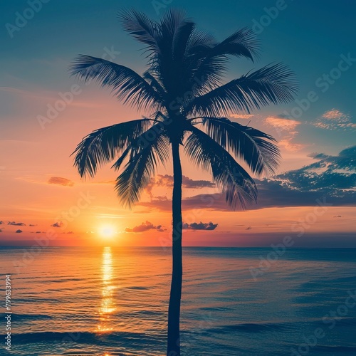 beautiful landscape of sea ocean with silhouette coconut palm tree at sunset or sunrise, Summer days in beach