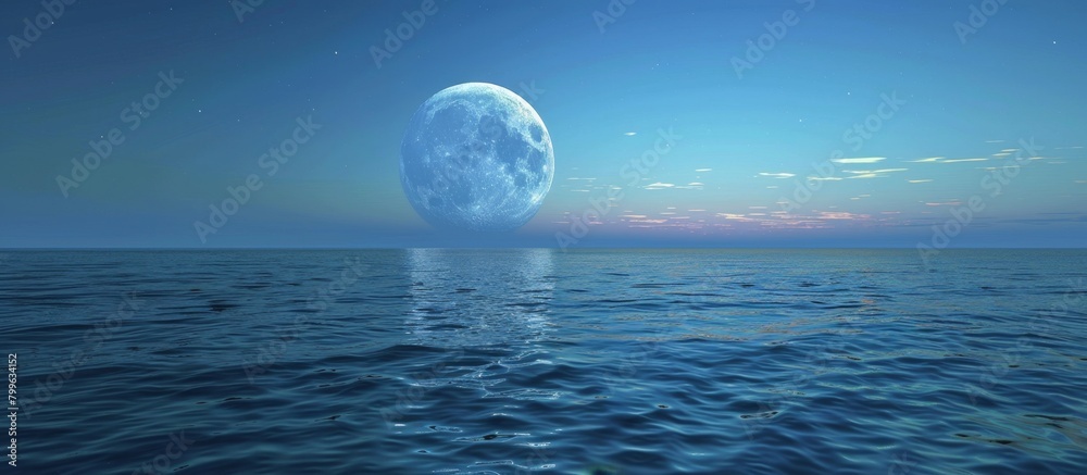 A stunning sight of a large moon ascending into the night sky over a tranquil ocean