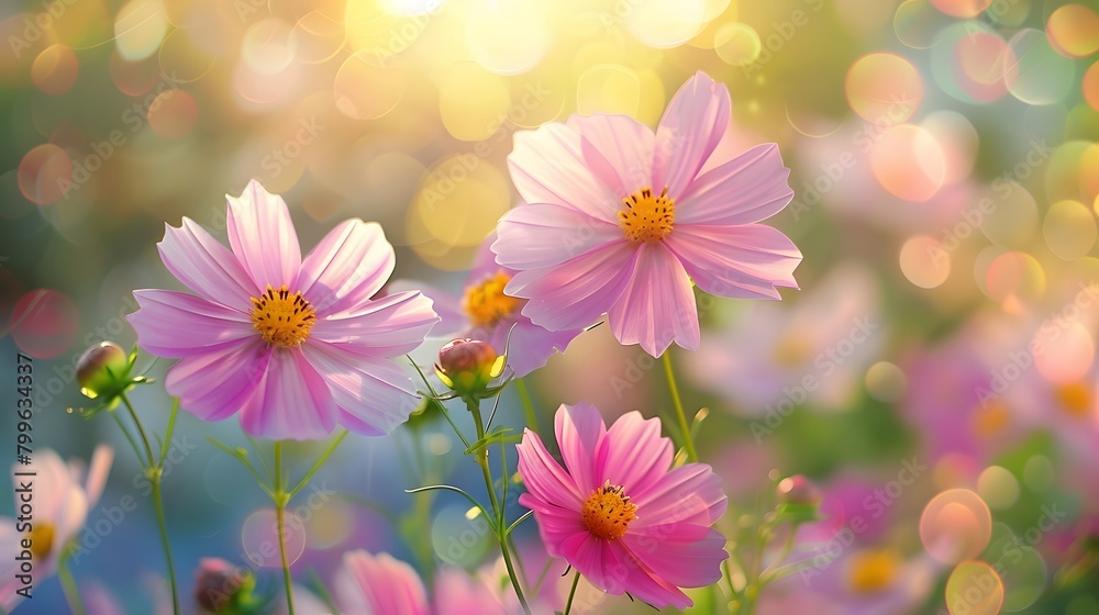 Colorful early summer landscape with vibrant, soft-focus spring flowers, for a cheerful background scene.