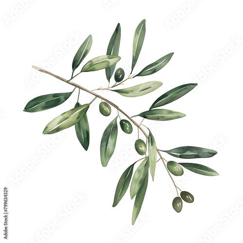 A watercolor painting of an olive branch with green olives.