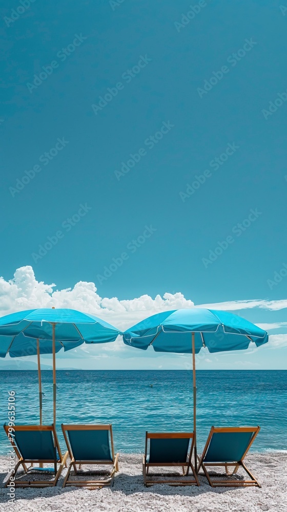 blue umbrella and sea facing chairs under Blue sky,  Summer days in beach