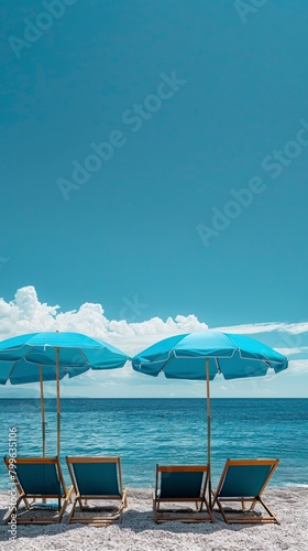 blue umbrella and sea facing chairs under Blue sky, Summer days in beach