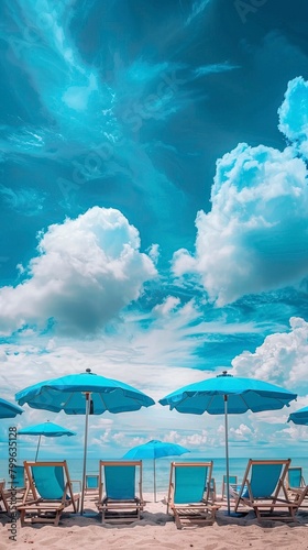 blue umbrella and sea facing chairs under Blue sky,  Summer days in beach © CREATIVE STOCK