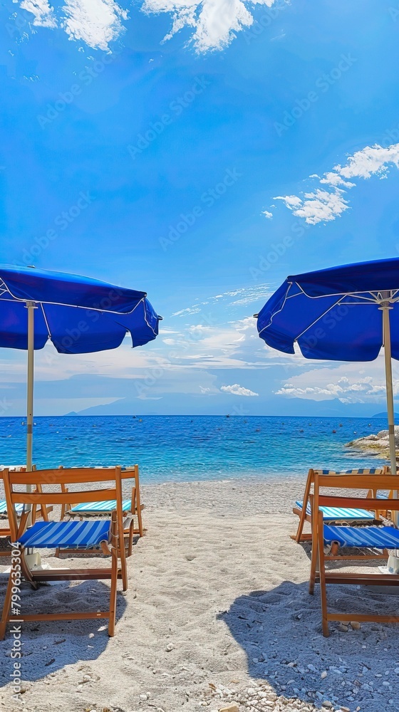 blue umbrella and sea facing chairs under Blue sky,  Summer days in beach