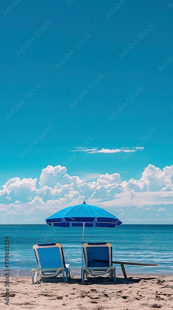 Obraz premium blue umbrella and sea facing chairs under Blue sky, Summer days in beach