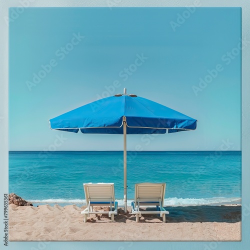 blue umbrella and sea facing chairs under Blue sky   Summer days in beach