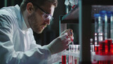 Laboratory scientist looking at test tubes with blood and analysis