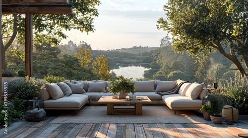 Outdoor Sofa Patio: A 3D illustration of an outdoor sofa on a patio, overlooking a beautiful view