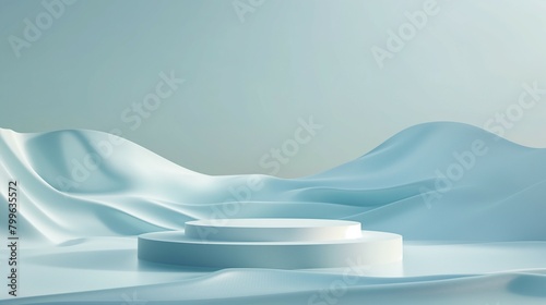 Podium mockup, product display on blue abstract wave background, 3d render