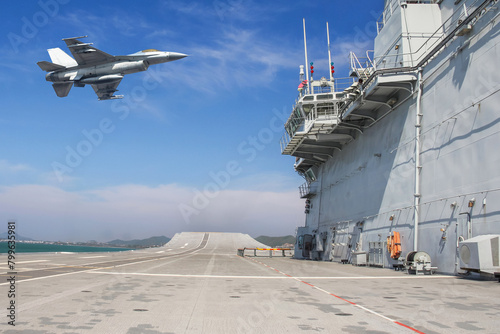 Military fighter jet warplane flying over aircraft carrier with blue sky