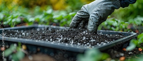 In a vegetable garden, a gardener sporting safety gloves deploys wood ash from a tray to the topsoil in order to fertilize and add potassium and space, Generative AI. photo