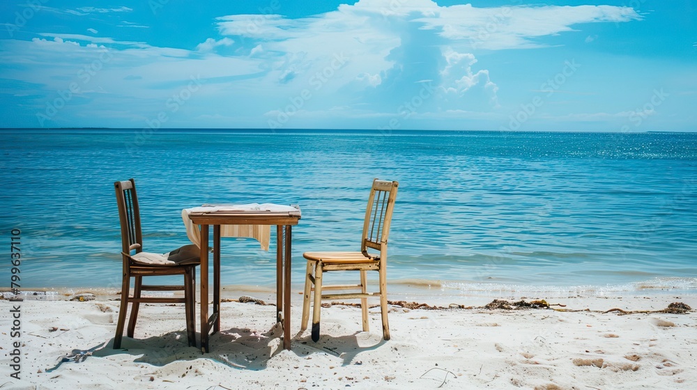 Chair and table on the beach and sea with blue sky, Summer days in beach, Valentine Beach setup Chair and table on the beach and sea with blue sky, Summer days in beach, Valentine Beach setup