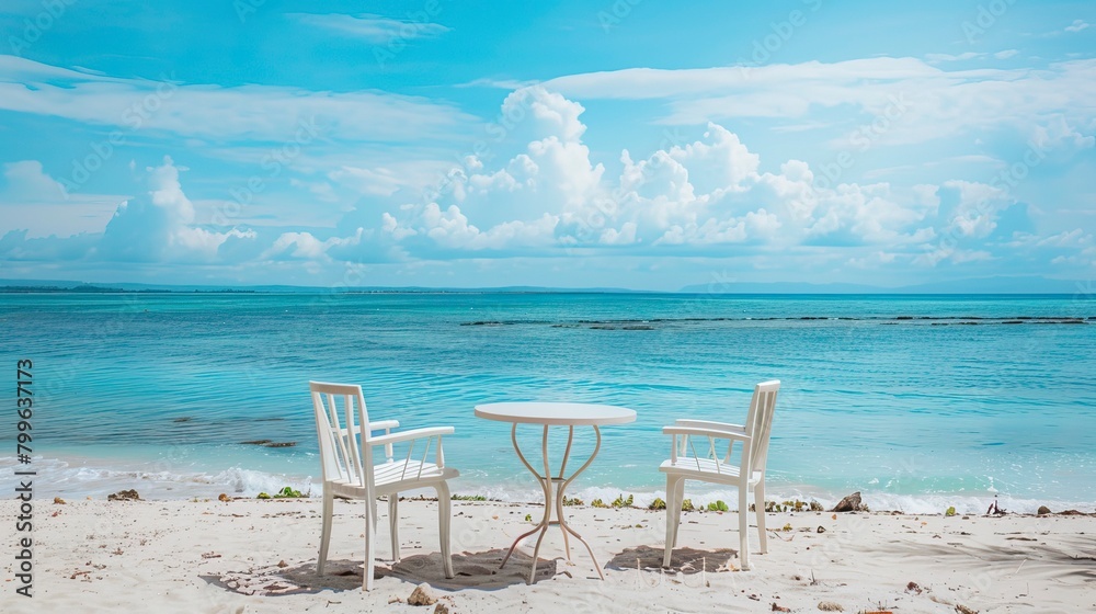 Chair and table on the beach and sea with blue sky, Summer days in beach, Valentine Beach setup
