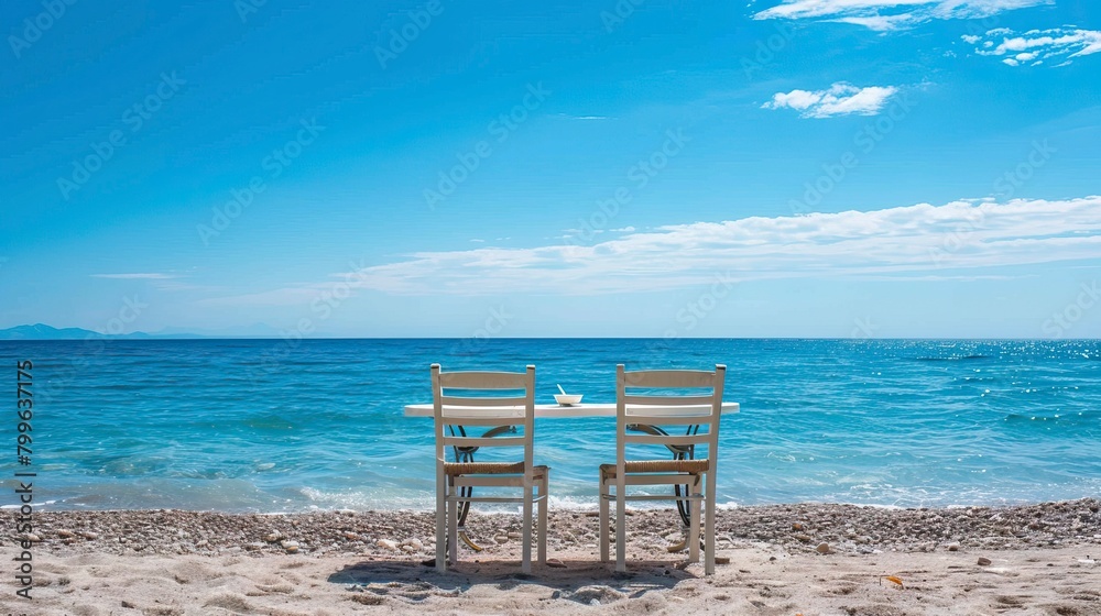 Chair and table on the beach and sea with blue sky, Summer days in beach, Valentine Beach setup