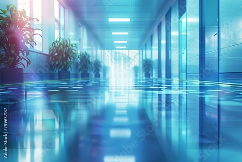 Blurred modern hospital corridor background. Abstract blurred clinic hallway interior. Entrance of medical emergency room in hospital. Healthcare and medical center, Generative AI