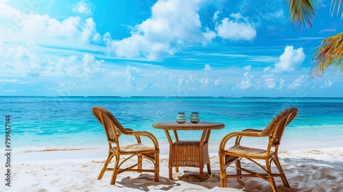Chair and table on the beach and sea with blue sky  Summer days in beach  Valentine Beach setup