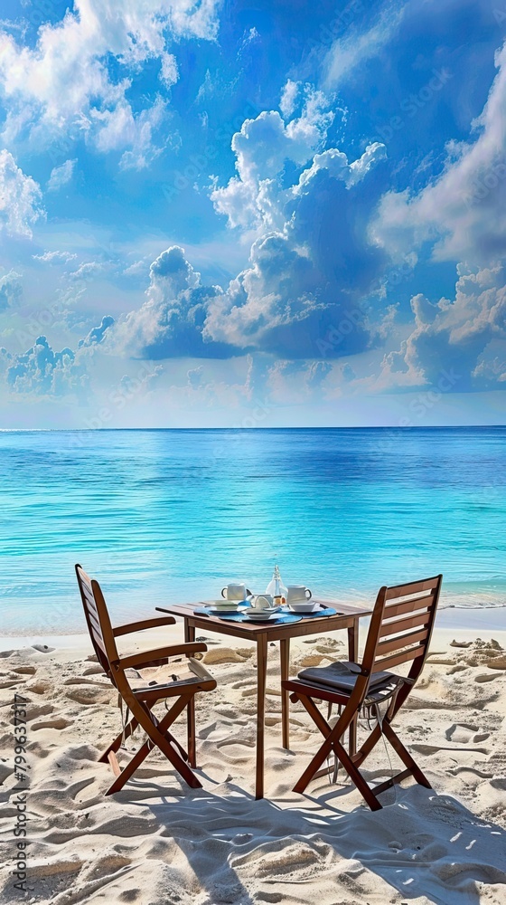 Chair and table on the beach and sea with blue sky, Summer days in beach, Valentine Beach setup