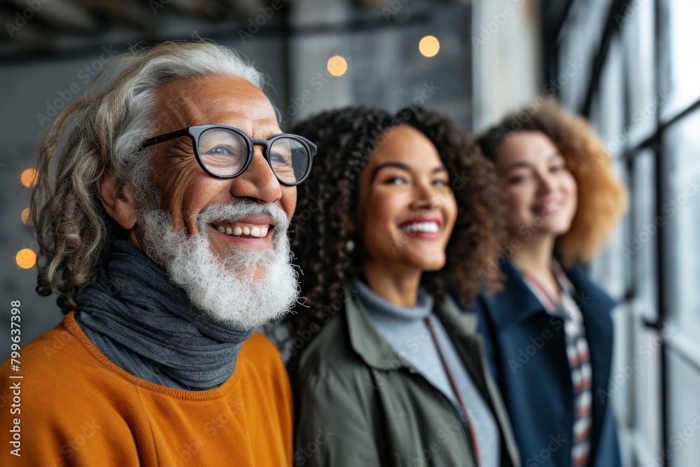 cheerful senior man in eyeglasses looking at camera near multiethnic friends cheerful senior man in eyeglasses looking at camera near multiethnic friends