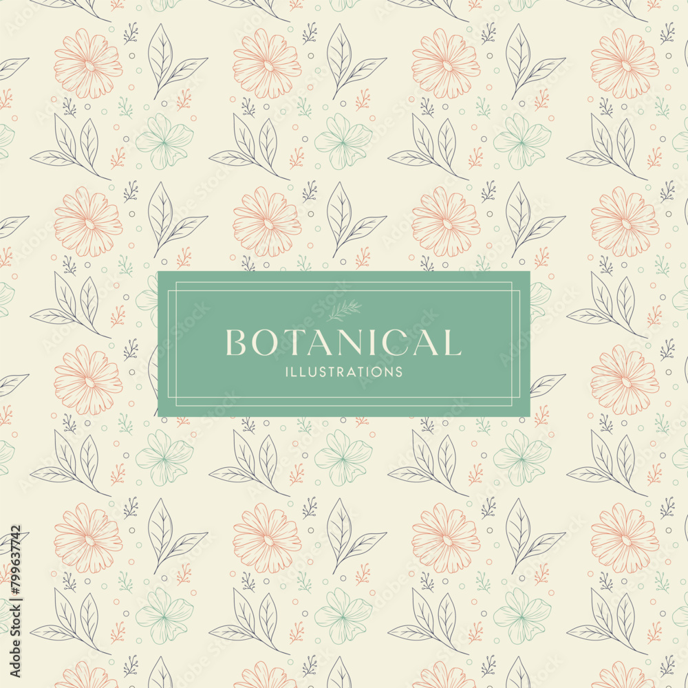 Elegance Red Black Orange Green Cream drawn mono-line floral botanical flower background design Elegance Red Black Orange Green Cream drawn mono-line floral botanical flower background design