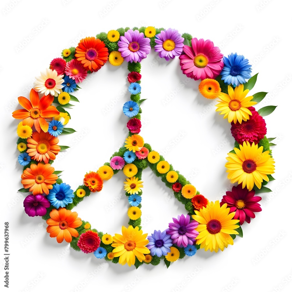 Colorful peace signs made of flowers isolated on plain white background