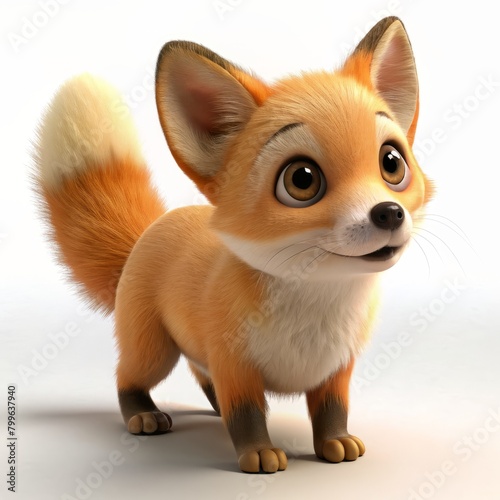  3D Render of a wide-eyed baby fox sniffing the air, on isolated white background, Generative AI 