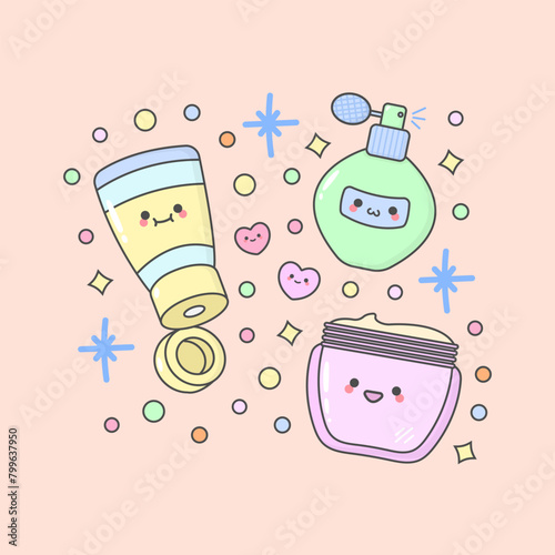 skincare bodycare lotion parfume moisturizer with cute facial expressions and pastel colour