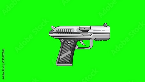 Green screen gun. White handgun firing on green screen background. Side view. Chroma key. 4K. Seamless loop. Suitable for gun safety training sessions.