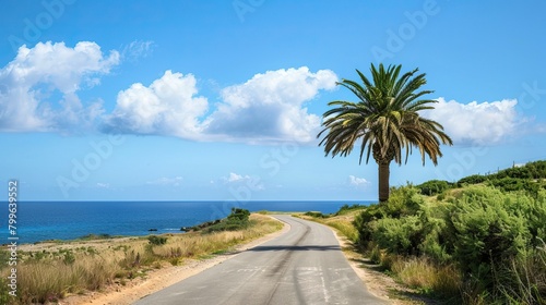 Single Palm Tree beside road and Sea,  Summer days in beach © CREATIVE STOCK