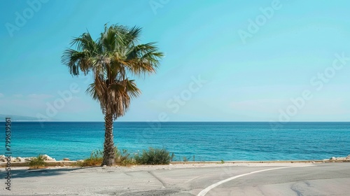 Single Palm Tree beside road and Sea,  Summer days in beach