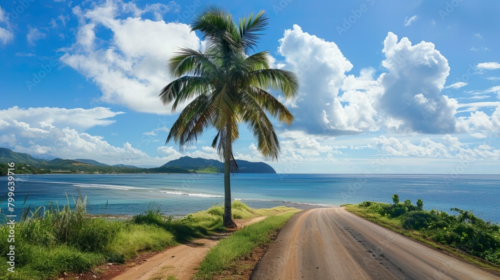 Single Palm Tree beside road and Sea, Summer days in beach Single Palm Tree beside road and Sea, Summer days in beach