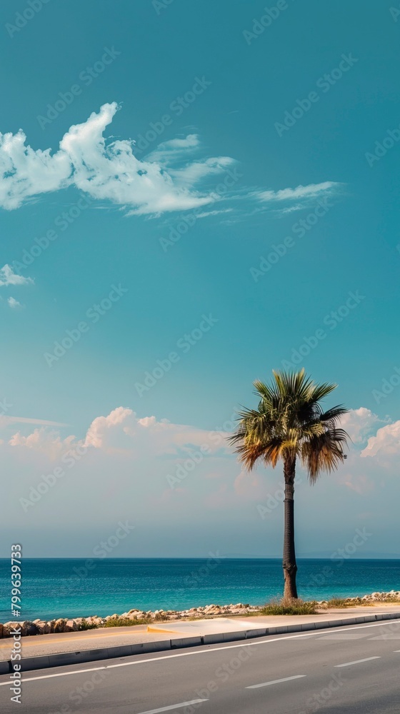Fototapeta premium Single Palm Tree beside road and Sea, Summer days in beach