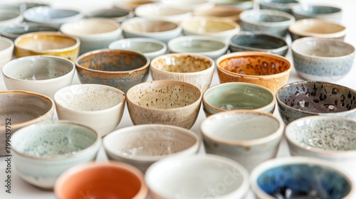 Rows of tiny handcrafted bowls lined up on a white background showcasing the artists attention to detail and skill..
