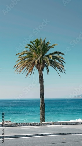 Single Palm Tree beside road and Sea   Summer days in beach