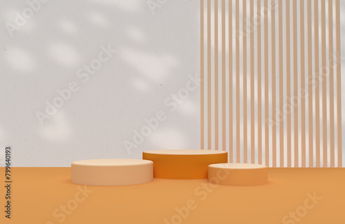 3 soportes para exhibir productos en colores naranja con escenografía sombreada. Representación 3D de pancartas y folletos para promoción en redes sociales. Recurso gráfico.