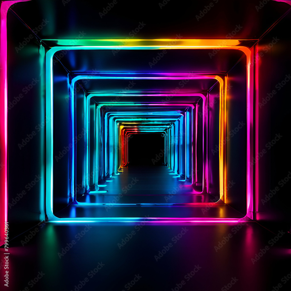square tunnel or corridor colorful neon glowing lights laser lines and led technology create glow,3d render, abstract neon background with colorful lines, square geometric shape, generate ai

